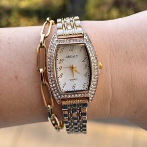 Luxury Gold Panther-Style Watch | Crystal Bezel Rectangular Face